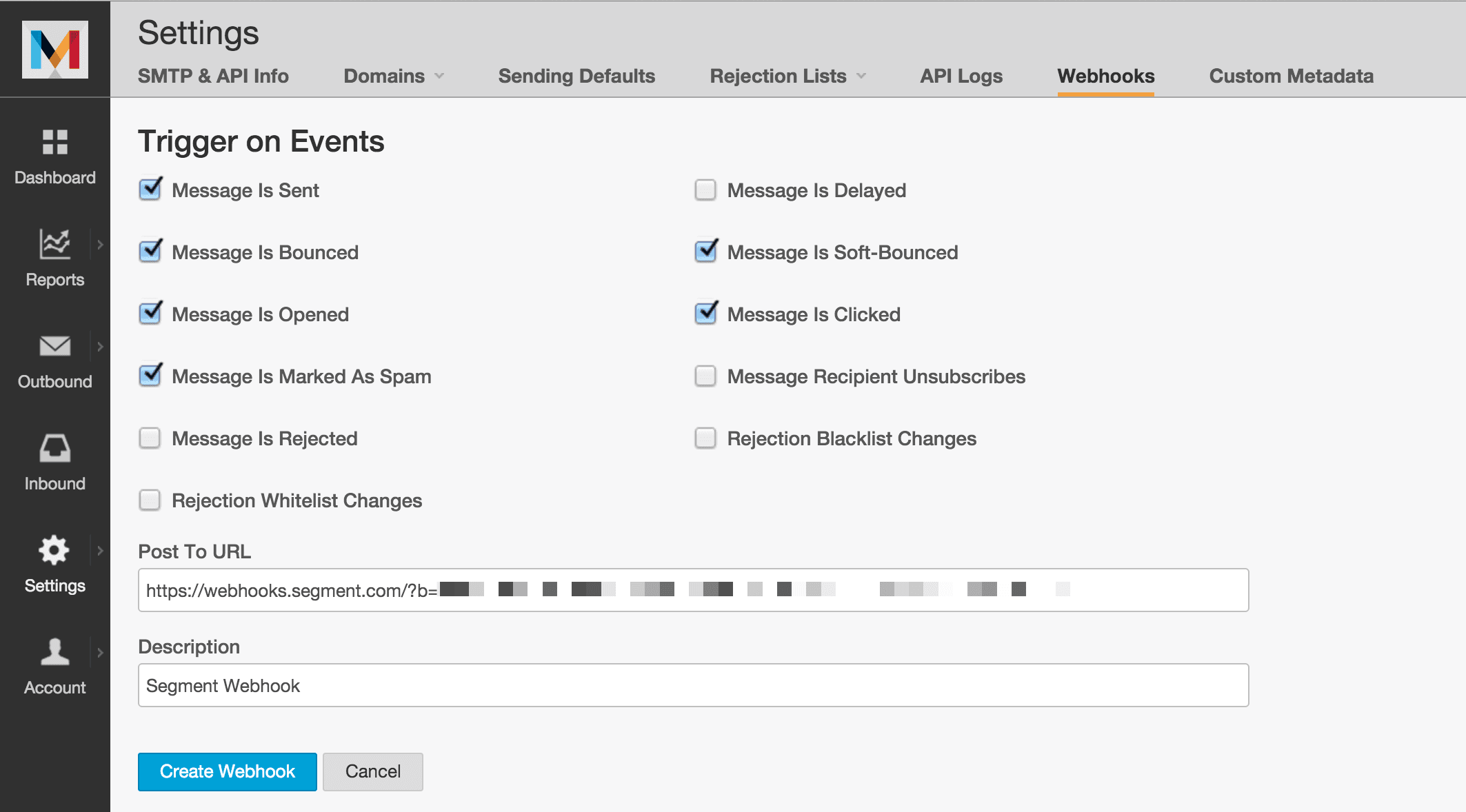 Mandrill Webhooks Settings page with Trigger on Events options.