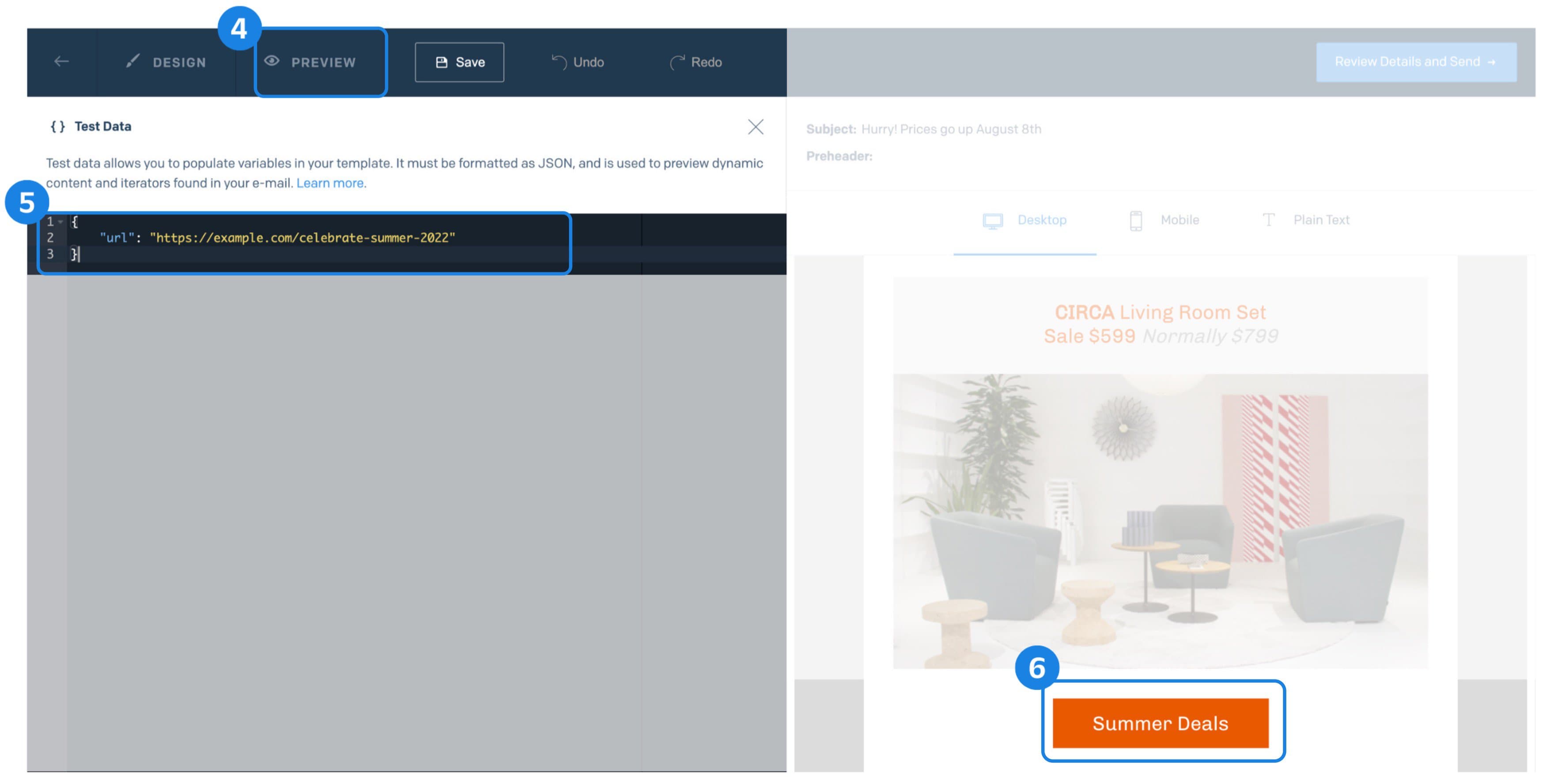 SendGrid Design Editor in Preview mode showing JSON test data and email template with Summer Deals button.