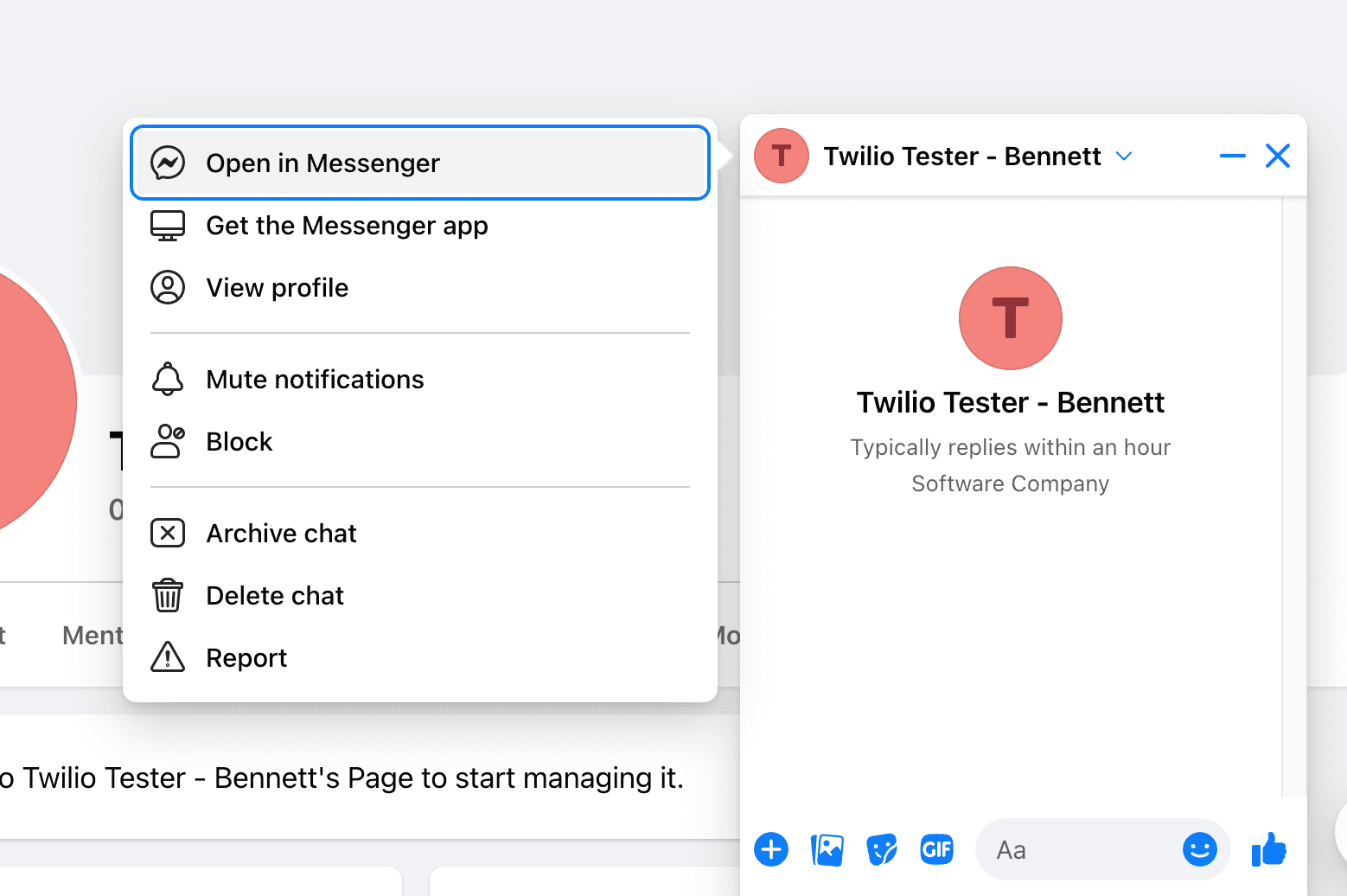 Messenger options menu with Twilio Tester chat open.