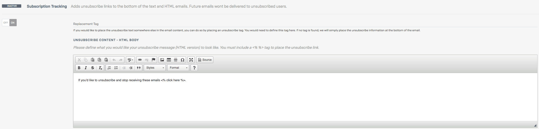 Subscription tracking settings with HTML body unsubscribe option enabled.