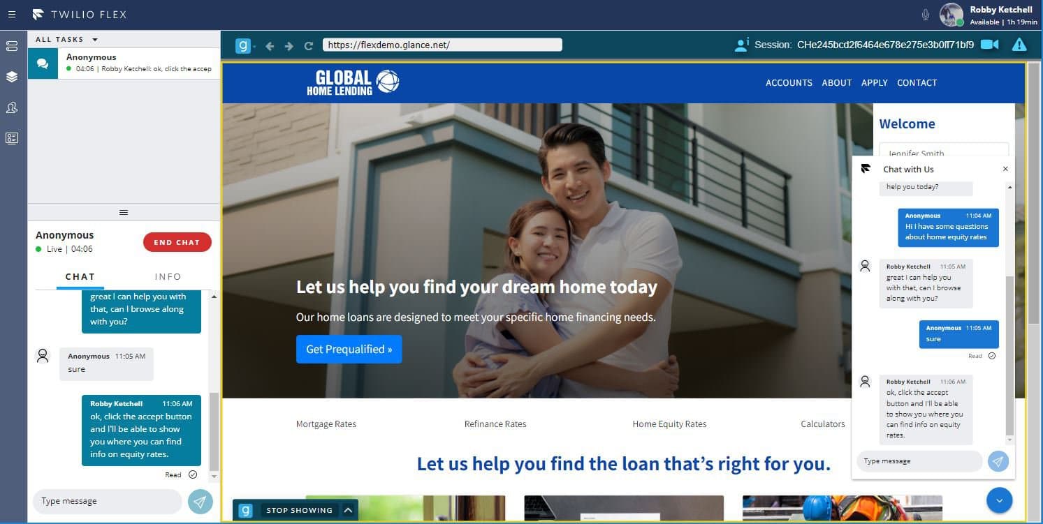Twilio Flex interface with chat about home equity rates and Global Home Lending website.