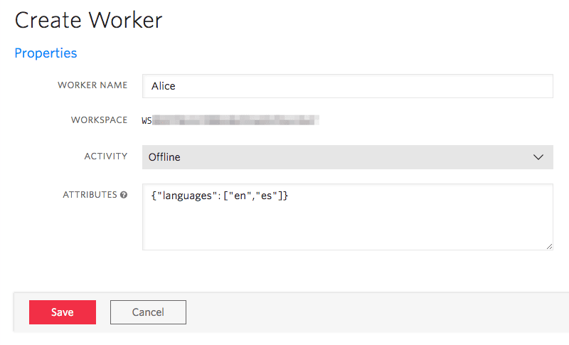Create Worker form with fields for name, workspace, activity, and attributes.