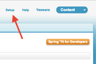 Red arrow pointing to Setup link in Salesforce Classic interface.