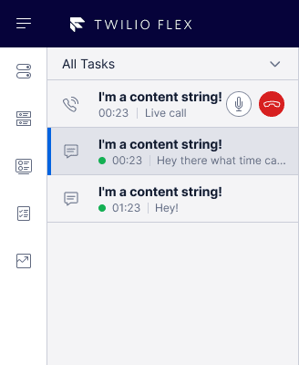 Twilio Flex task list showing three tasks with call and message icons.