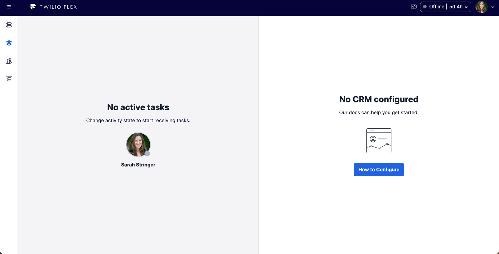 Agent view with no active tasks and no CRM configured, showing Sarah Stringer offline.