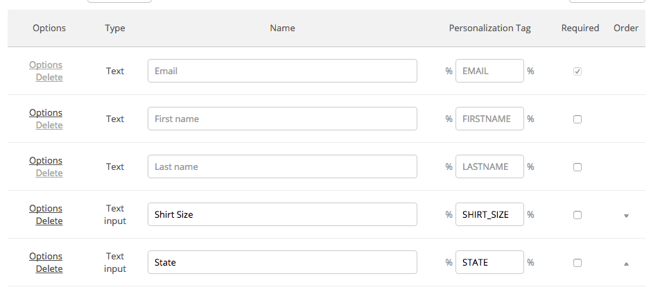 ActiveCampaign fields page with custom fields: Shirt Size and State, showing personalization tags.