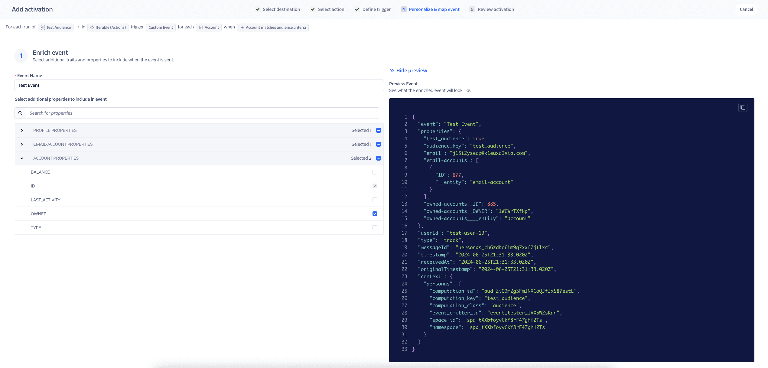 Add activation page where you can review your payload properties.