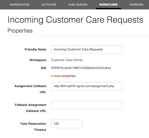 Workflow properties for Incoming Customer Care Requests, including assignment callback URL and task reservation timeout.