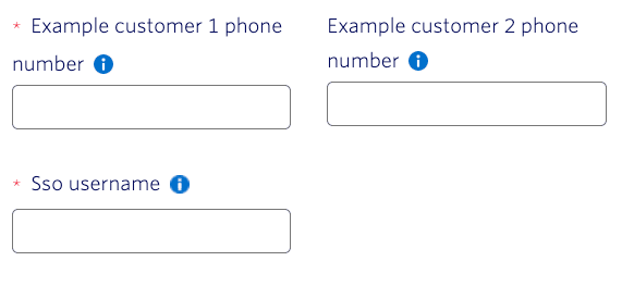 Form fields for example customer phone numbers and SSO username with info icons.