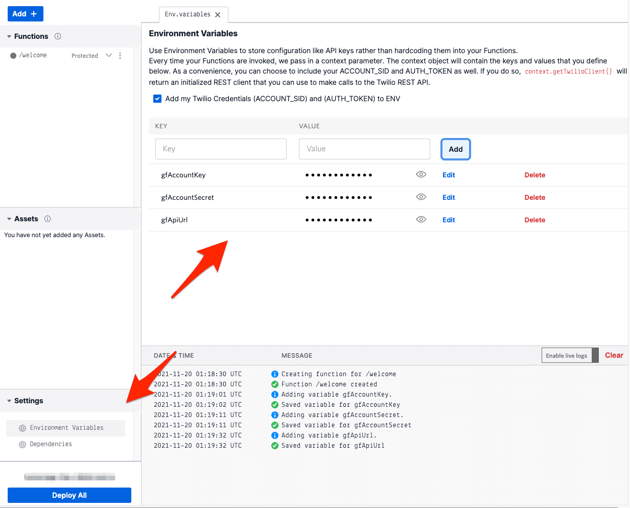 Interface for adding and managing environment variables with keys and values listed.