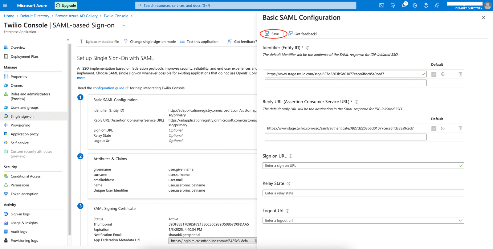 Azure AD SAML configuration with fields for Identifier and Reply URL.