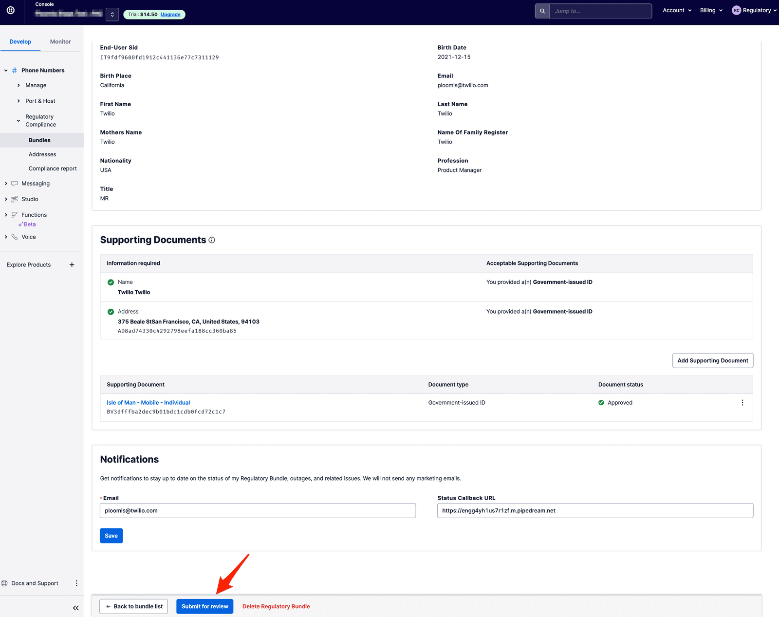Regulatory compliance page displaying personal and document information, with a 'Submit for review' button highlighted.