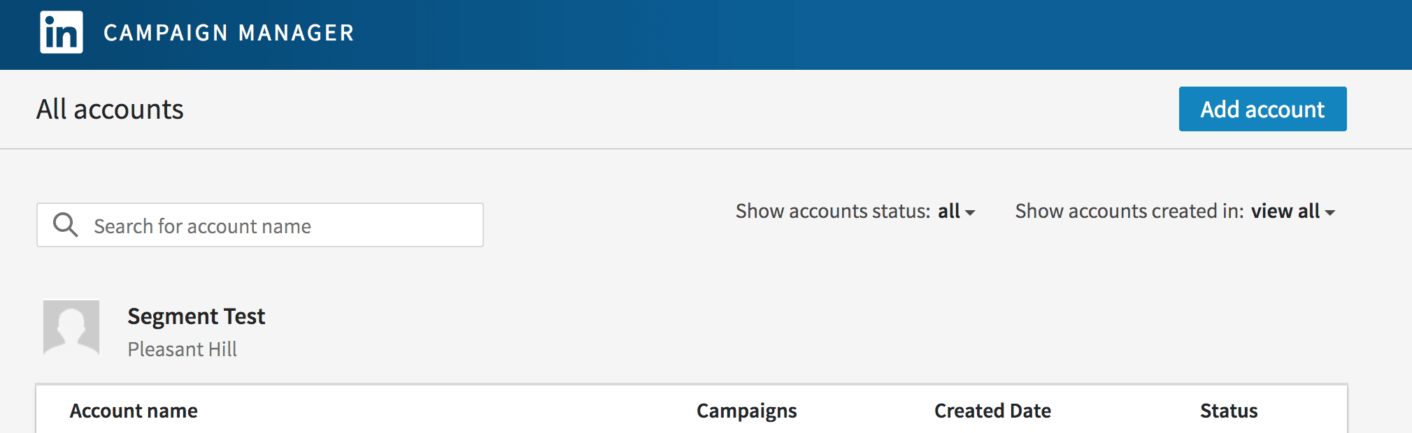 LinkedIn Campaign Manager with Account Assets dropdown showing Website Tracking and Audience options.