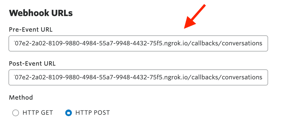 Webhook URLs for pre-event and post-event with HTTP POST method selected.