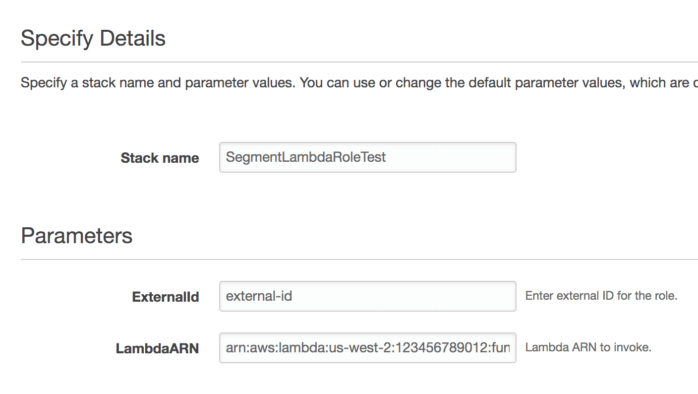 AWS CloudFormation Specify Details page with stack name and LambdaARN parameters.