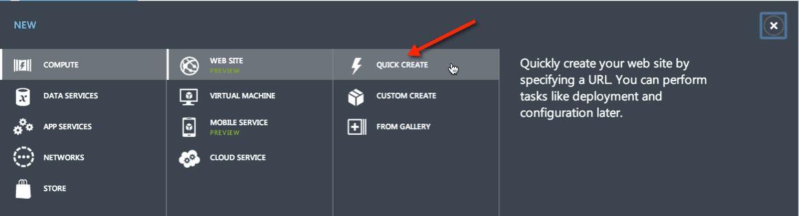 Azure portal showing options for quick website creation.