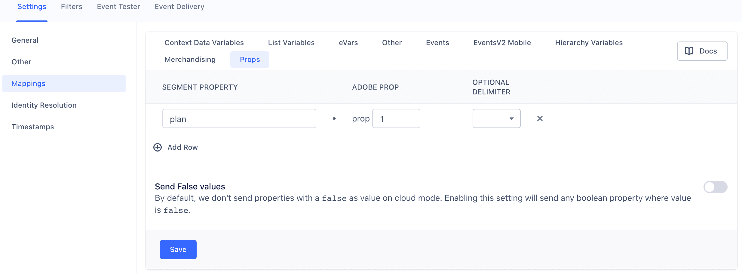 A screenshot of the Adobe Analytics settings page in Segment, with the Mappings section selected and a sample property mapping under the Props tab.