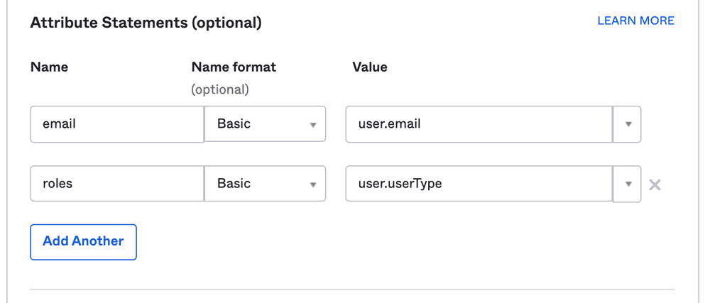 Attribute statements with email and roles mapped to user.email and user.userType.