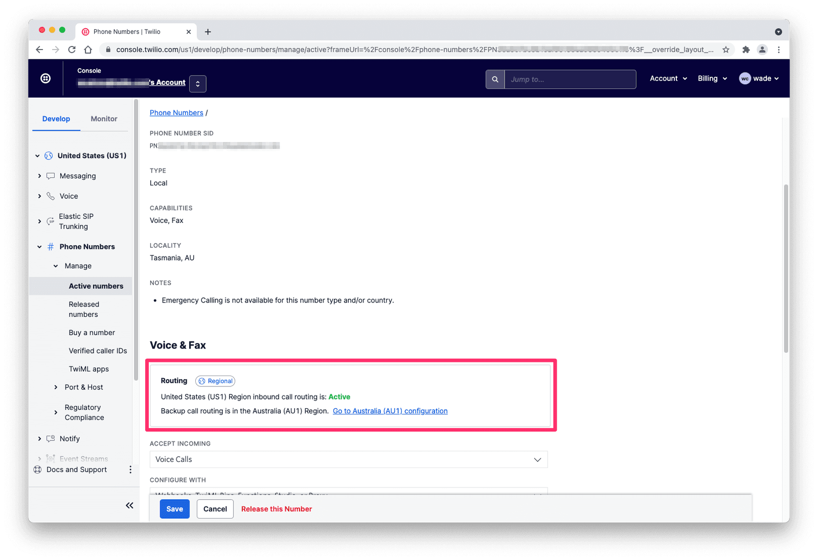 Phone number configuration showing US1 region routing active, backup in AU1 region.