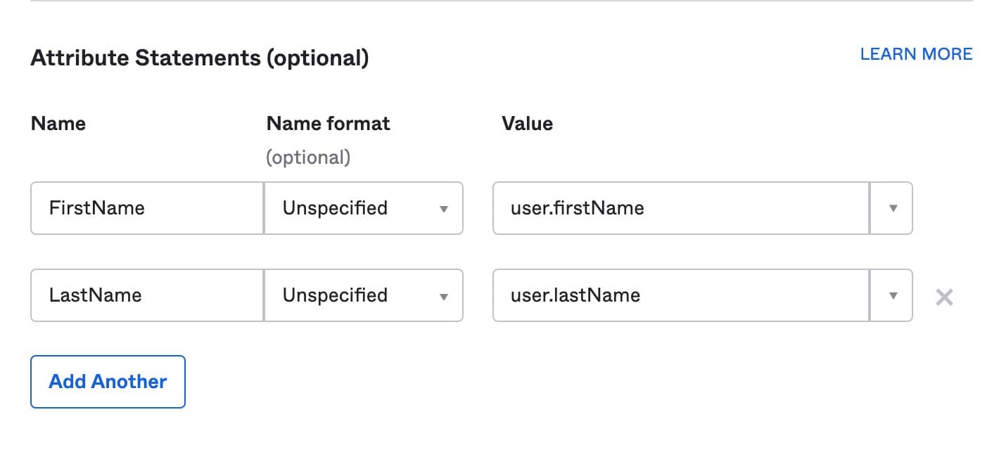 SAML attribute statements for first and last name with unspecified format.