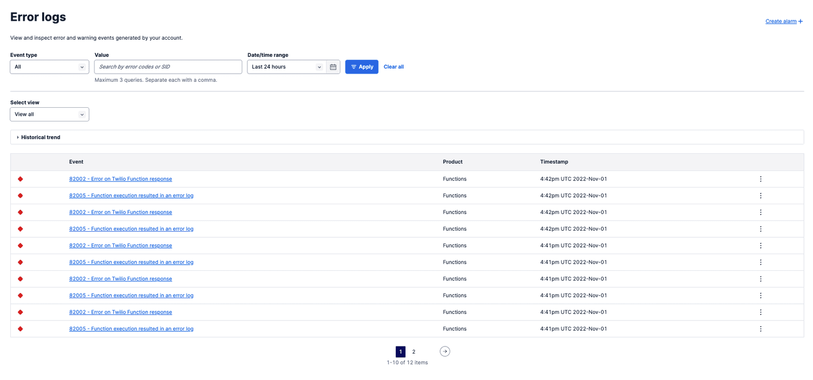 Twilio Console Error Logs page listing function errors with timestamps.