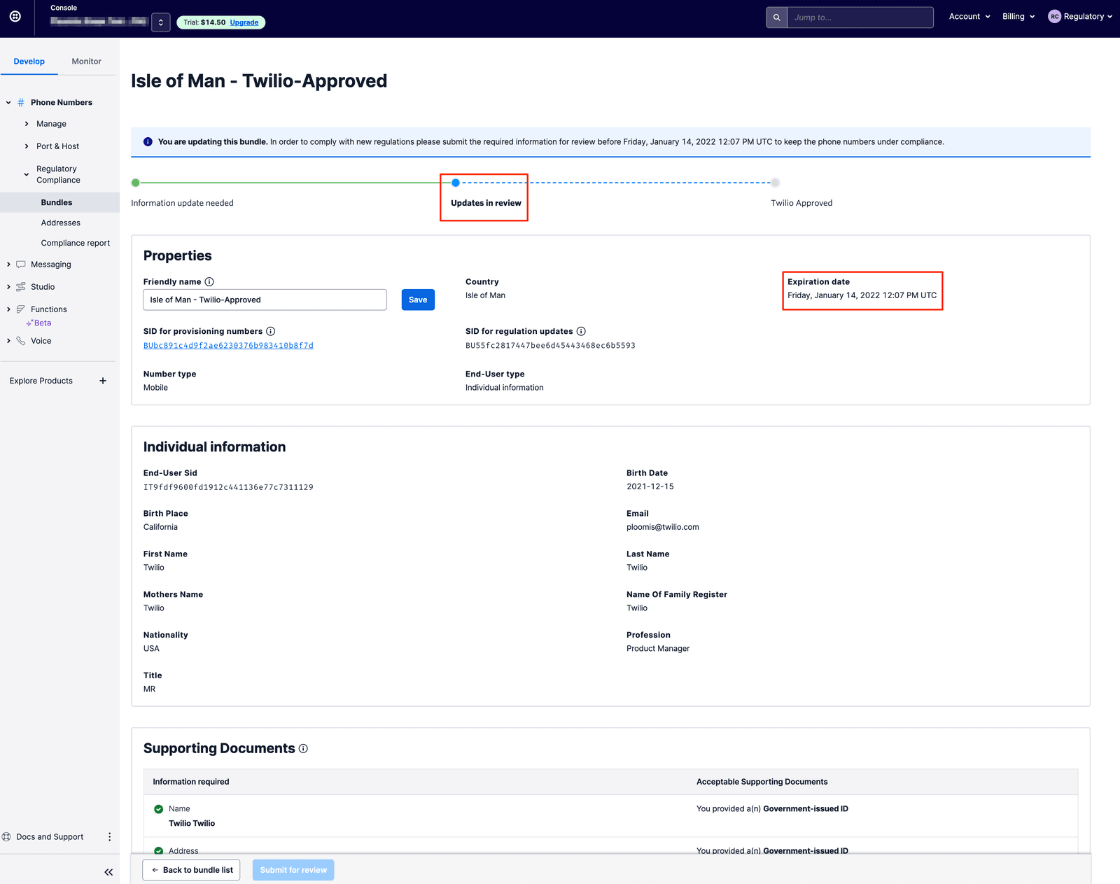 Twilio bundle update in review for the example; submission required before expiration date.