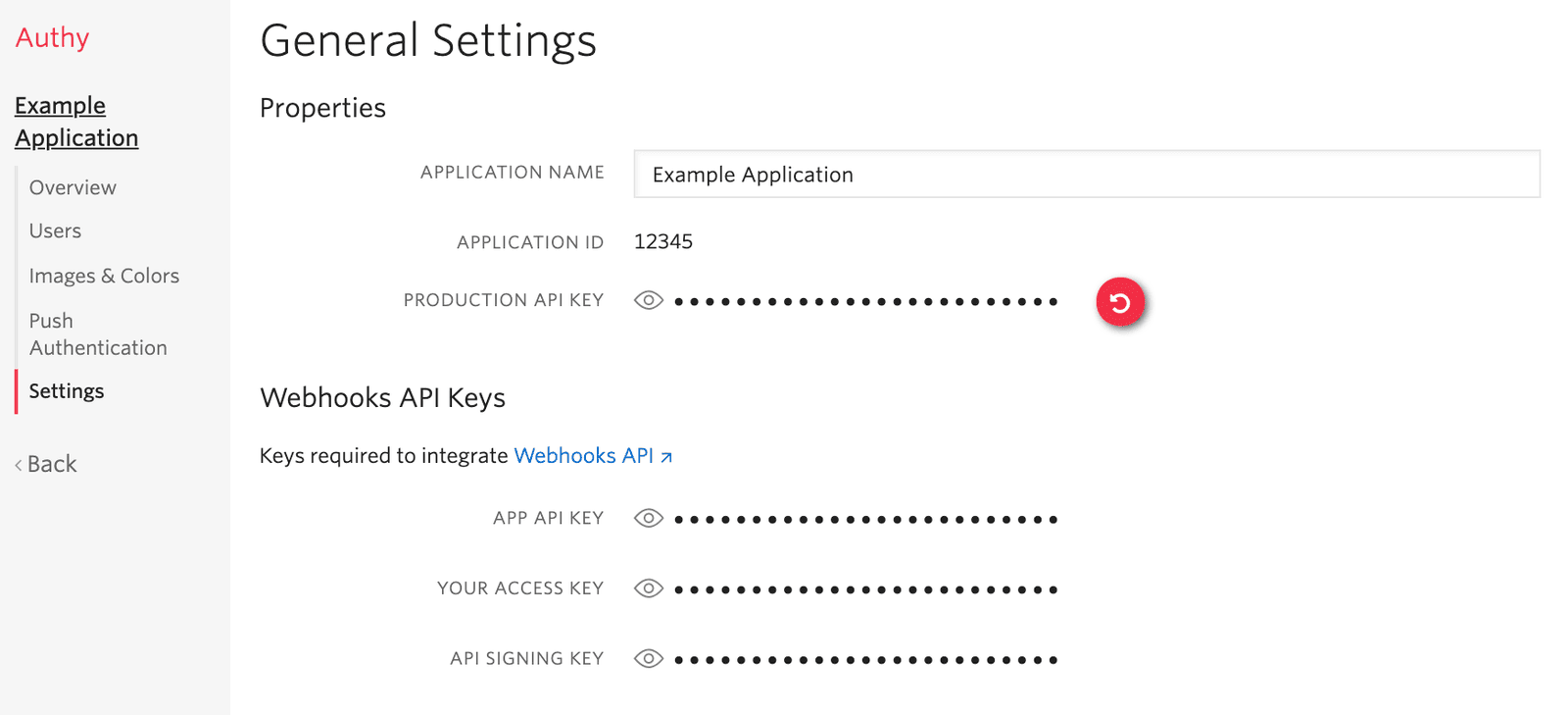 Authy settings showing application name, ID, and webhooks API keys.