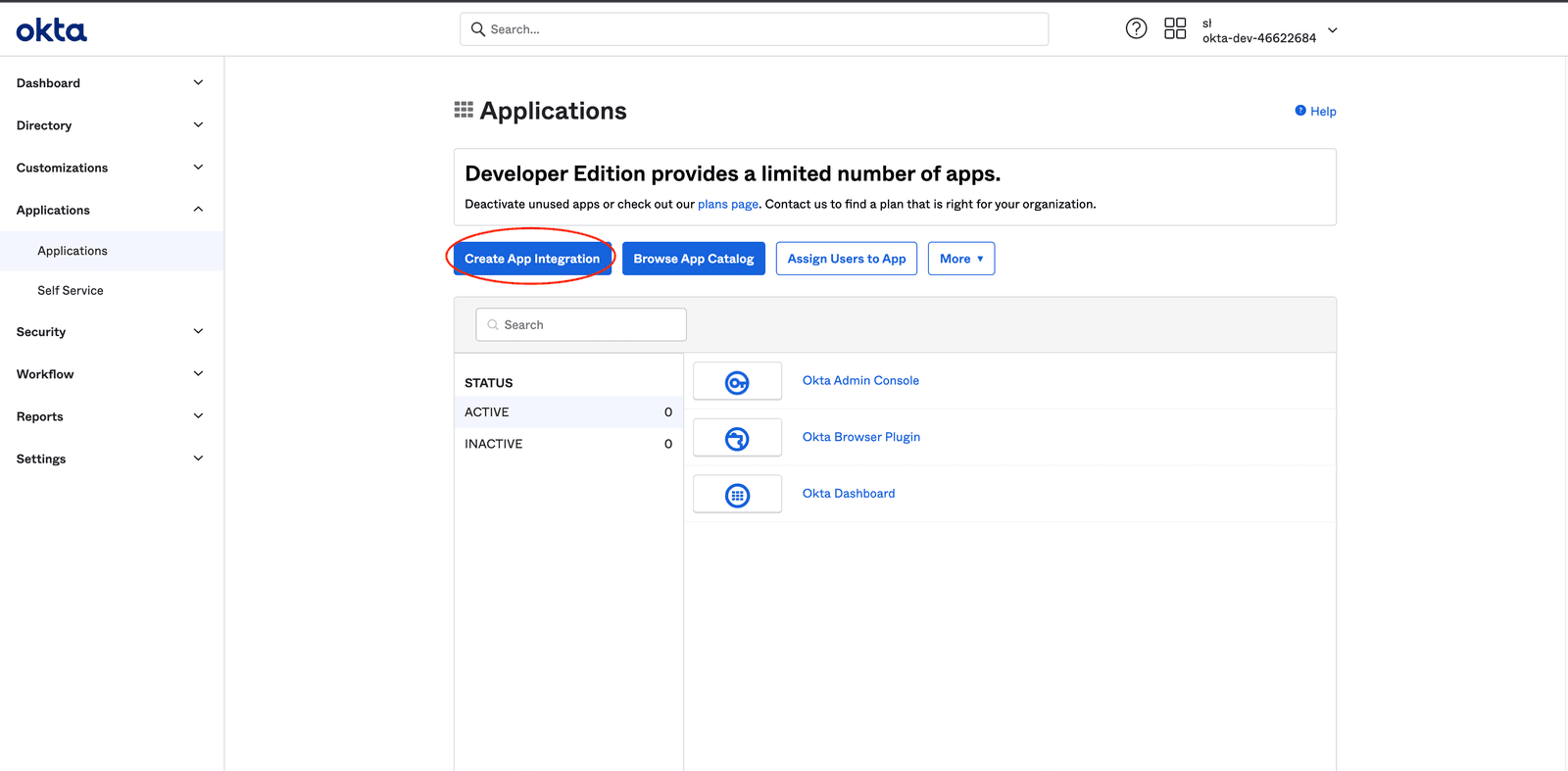 Okta Applications page with Create App Integration button highlighted.