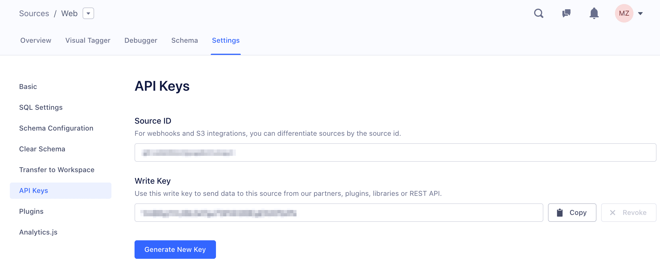 API Keys tab in web source settings showing source ID and write key with copy option.