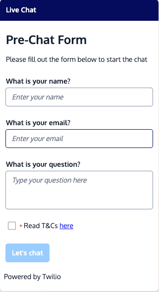 Pre-chat form with fields for name, email, and question, plus T&Cs checkbox and submit button.