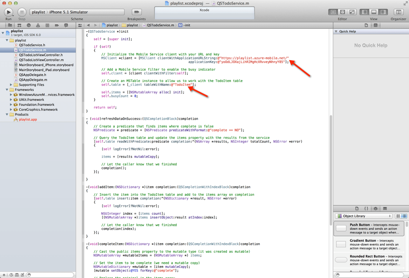 Xcode project showing code for initializing a mobile service client with URL and key.