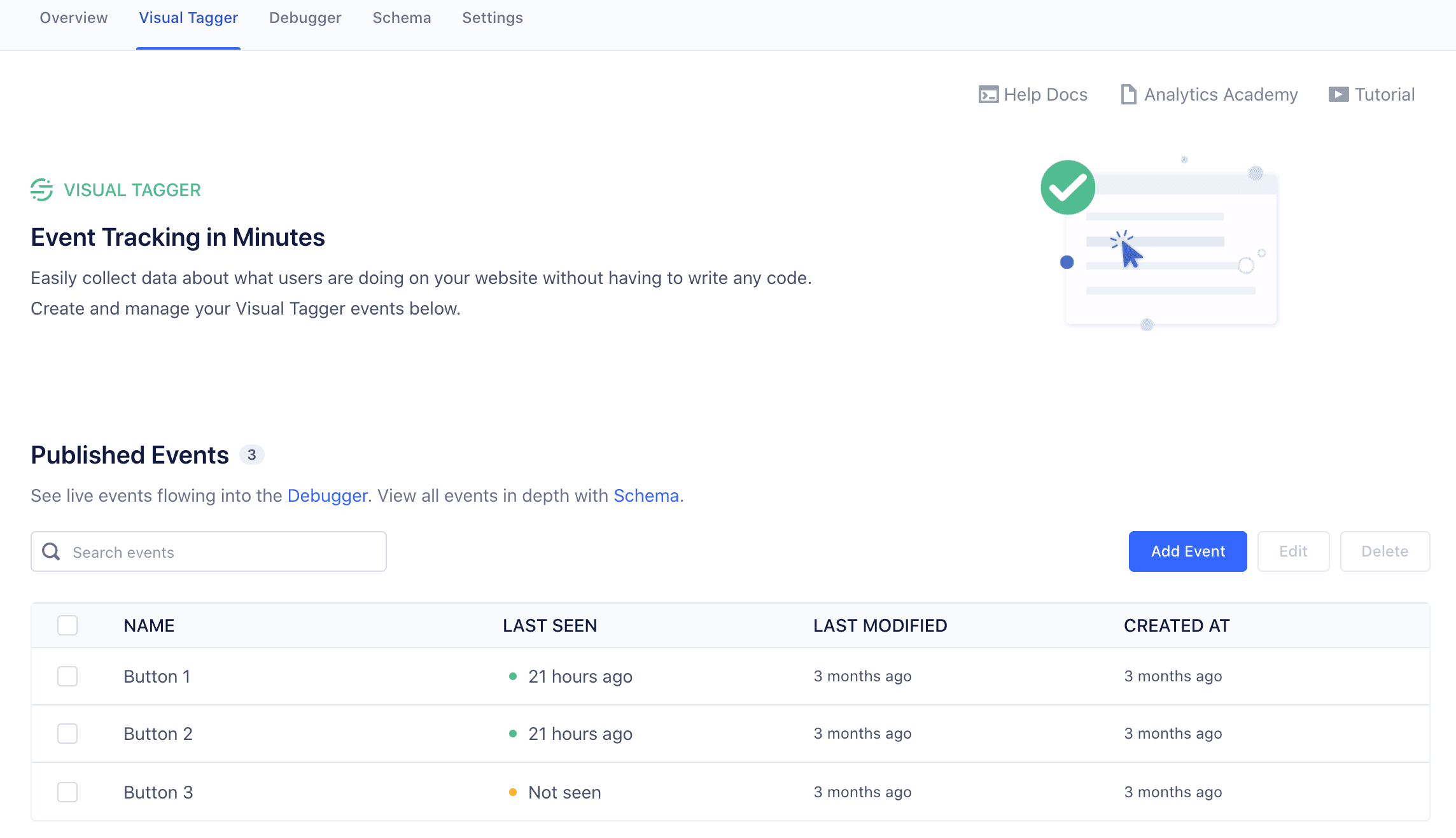 Visual Tagger interface showing event tracking and published events list.