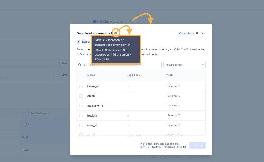 Download audience list dialog with CSV snapshot details and identifier selection.