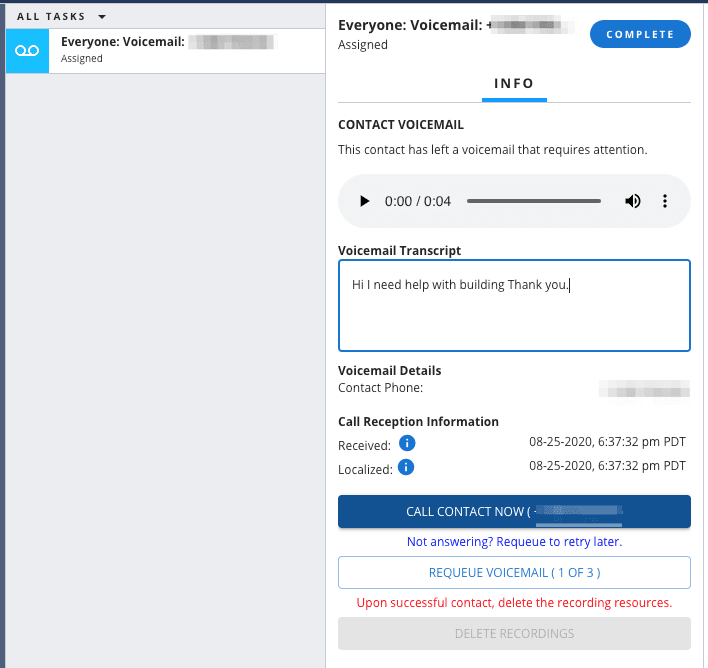 Voicemail task with transcript 'Hi I need help with building Thank you.' and call options.
