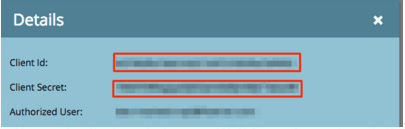Details section showing Client Id, Client Secret, and Authorized User fields.
