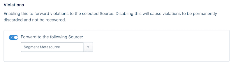 The Source Settings page for a test source depicting an enabled Violations setting.