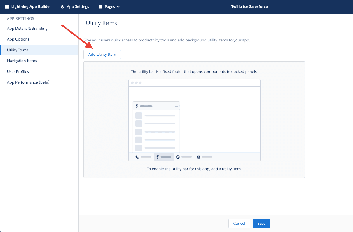 Utility Items section with Add Utility Item button highlighted in Lightning App Builder.