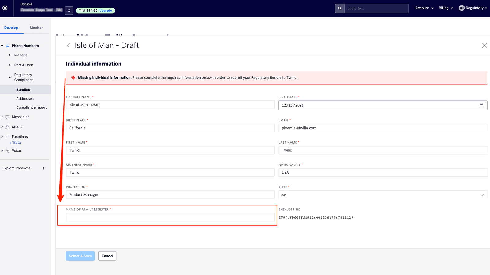 Missing individual information needs completion for the draft form, including name of family register.