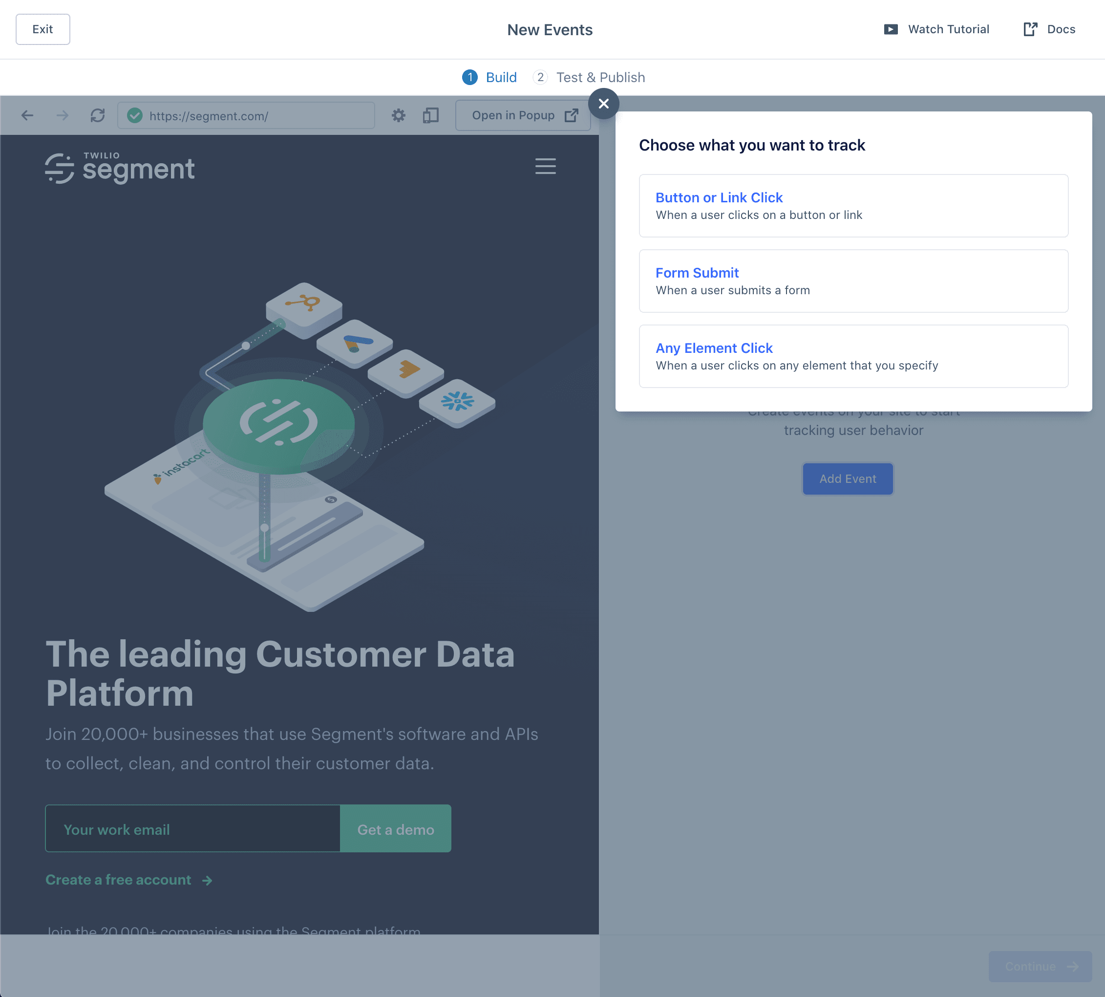 Options to track Button Click, Form Submit, or Any Element Click in Segment interface.