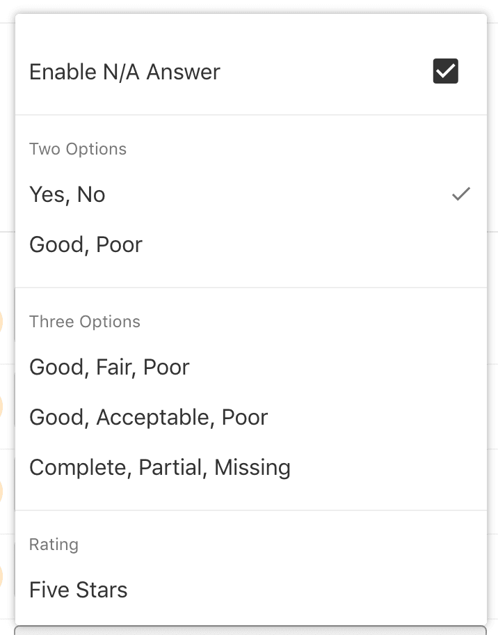 Dropdown menu with options for two or three response categories and a five-star rating.