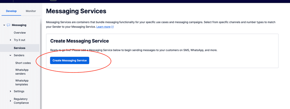 Create Messaging Service button highlighted on Twilio interface.