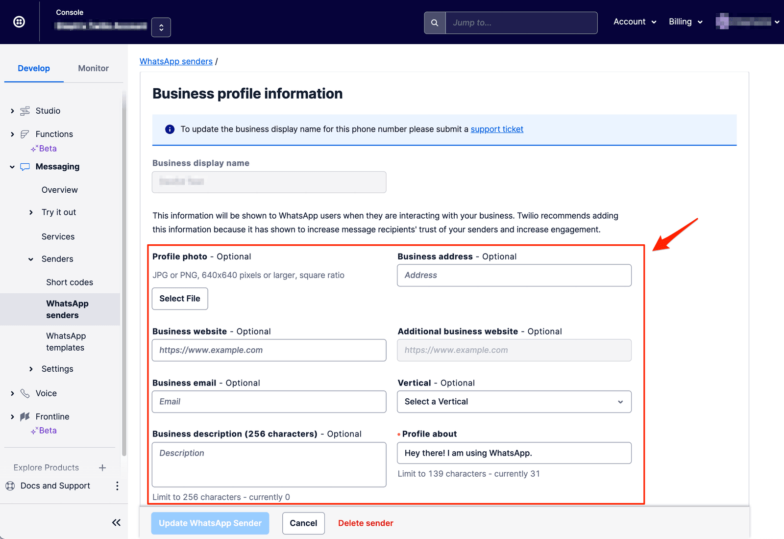 WhatsApp business profile form in Twilio console with fields for , address, website, and description.