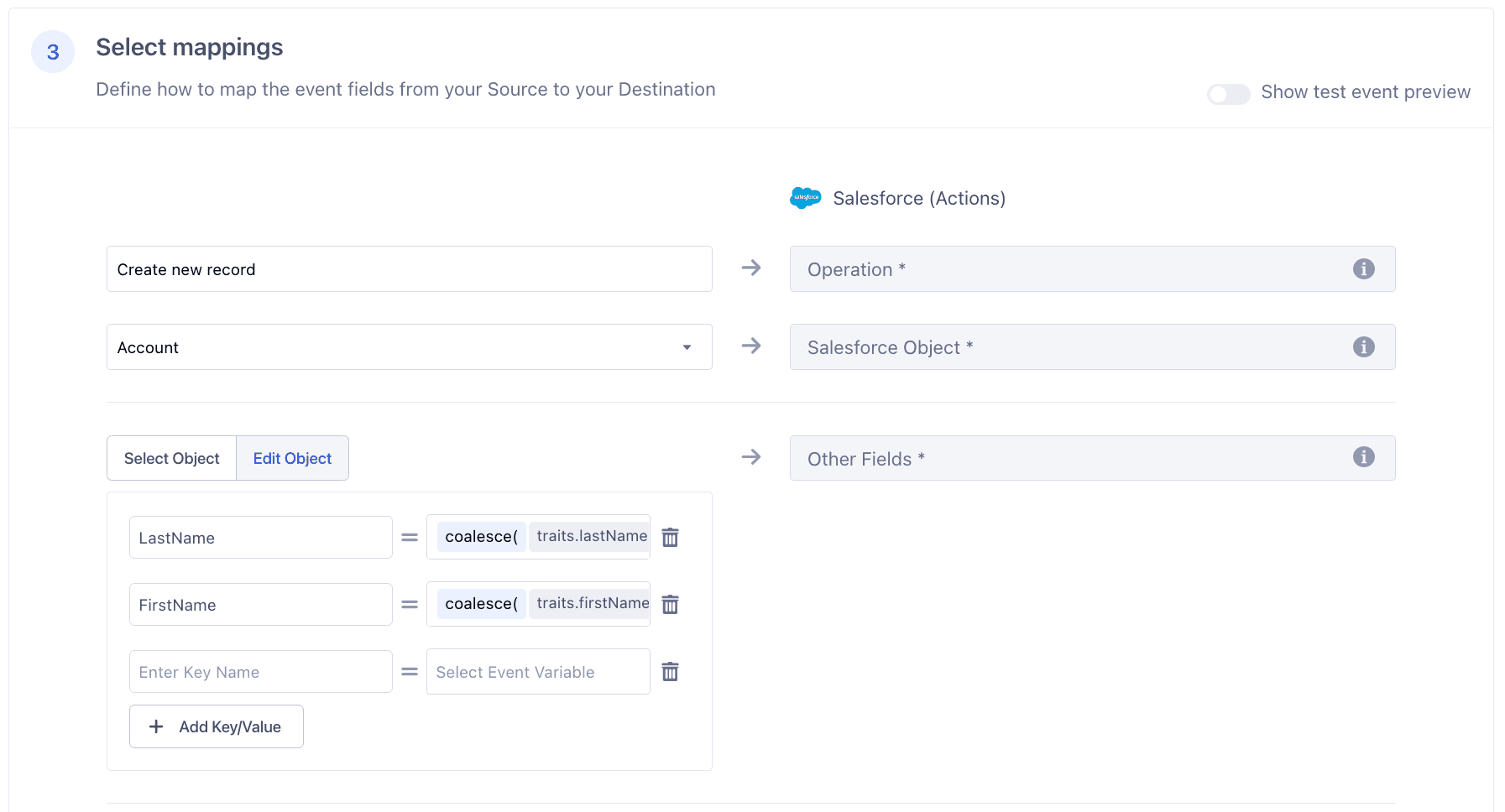 Salesforce mapping configuration for creating a new account with fields for LastName and FirstName.