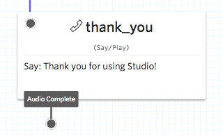 Say/Play widget with message 'Thank you for using Studio!' and audio complete indicator.