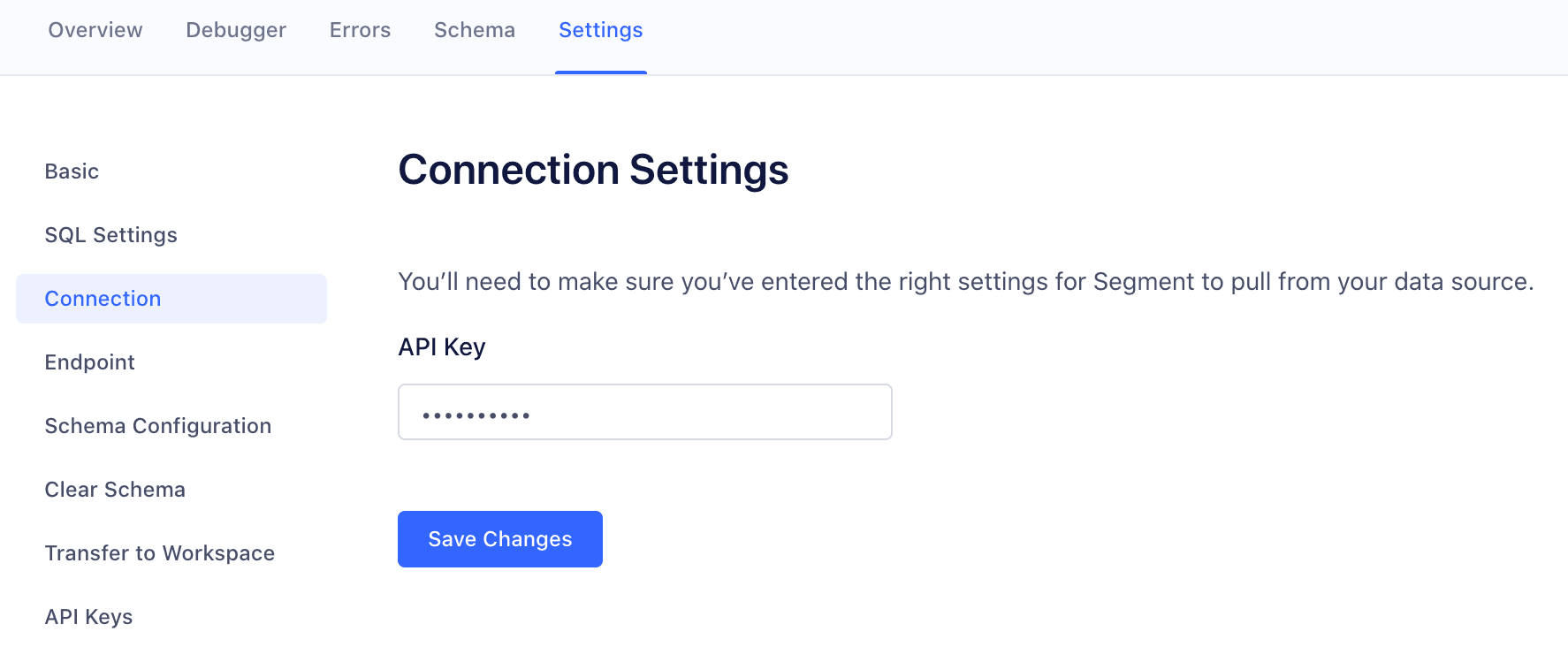 Source Function Connection Settings page with API key input field.