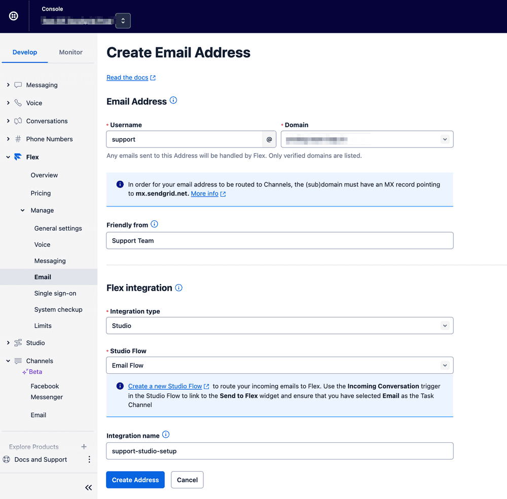 Form to create an email address in Flex with fields for username, domain, and integration settings.