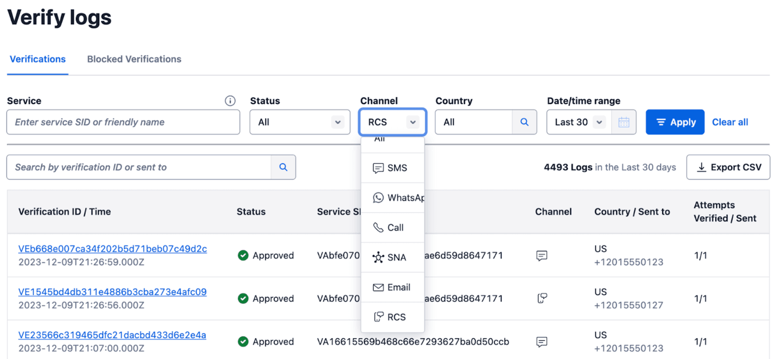 Verify logs with RCS channel filter selected, showing approved verifications.
