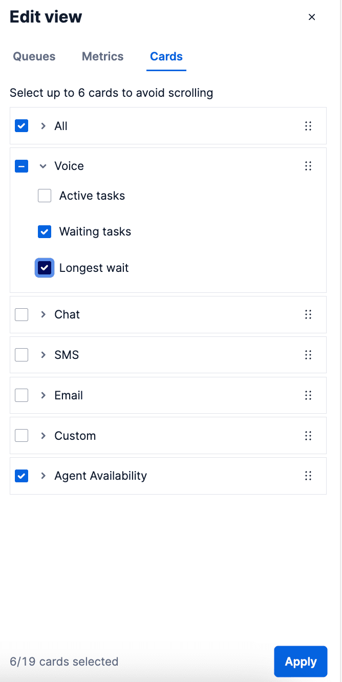 Edit view with queue selection, 16 of 23 queues selected, including Canada and France.