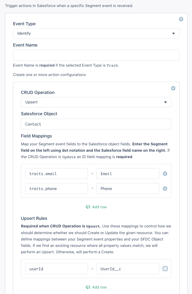 Salesforce upsert action with contact object and field mappings for email and phone.