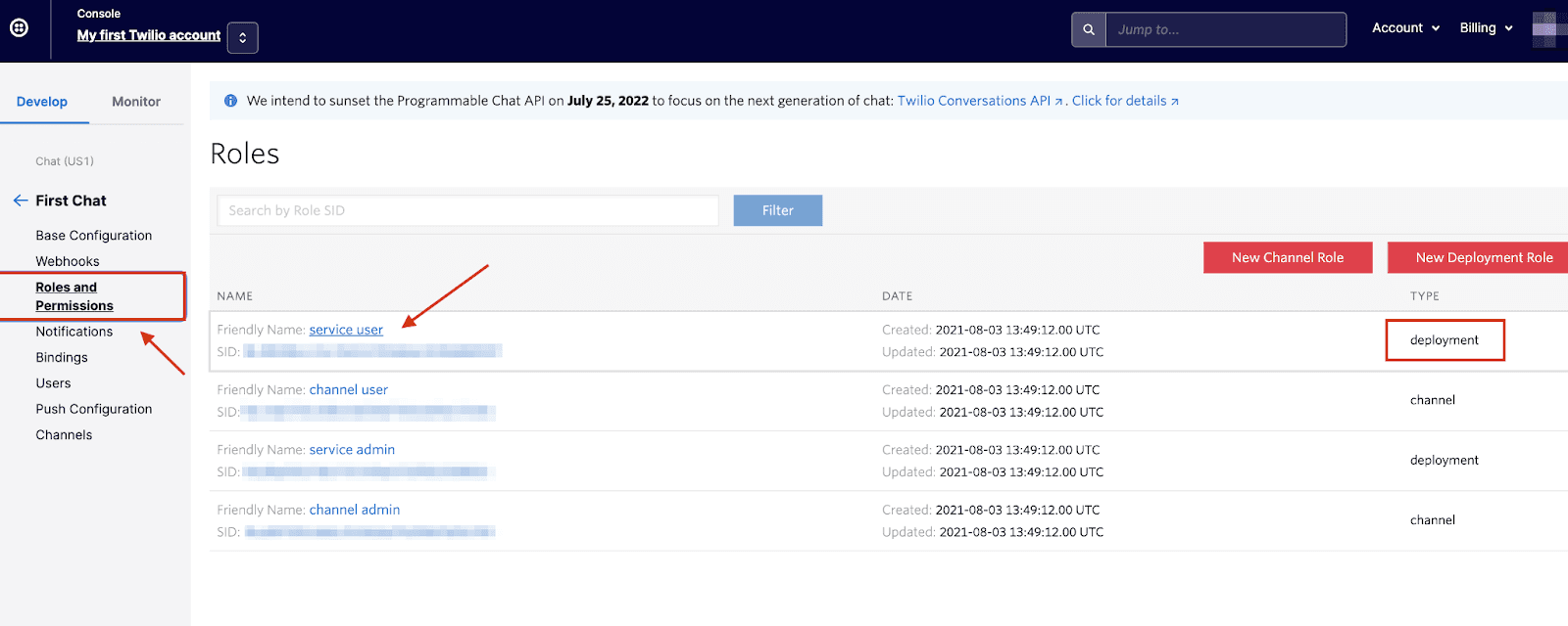 Twilio console showing roles like service user and channel admin with type deployment or channel.